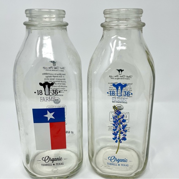 1836 Farms Quart Milk Bottles Terrell, TX Texas Flag Texas Bluebonnets Farmhouse - Picture 1 of 9